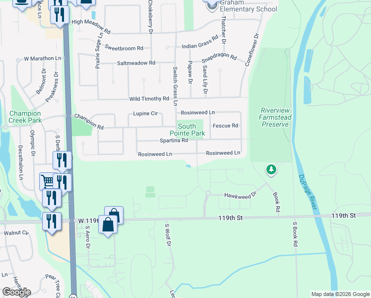 map of restaurants, bars, coffee shops, grocery stores, and more near 2408 Spartina Lane in Naperville