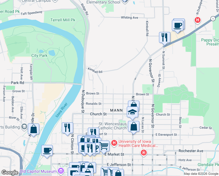map of restaurants, bars, coffee shops, grocery stores, and more near 800 North Van Buren Street in Iowa City