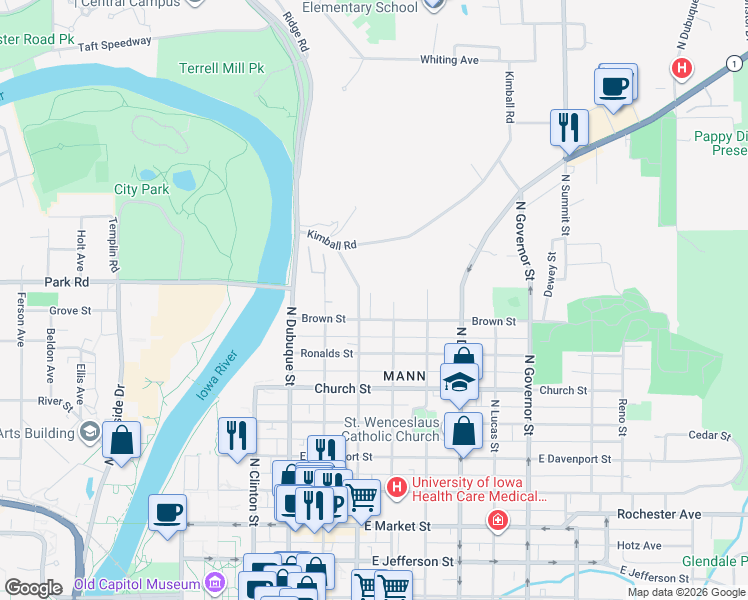 map of restaurants, bars, coffee shops, grocery stores, and more near 908 North Gilbert Street in Iowa City