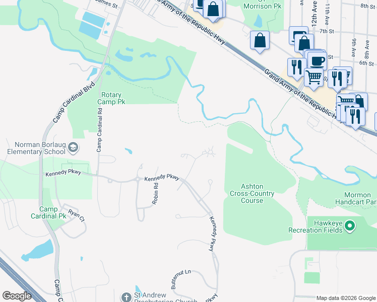 map of restaurants, bars, coffee shops, grocery stores, and more near 30 Alder Court in Iowa City