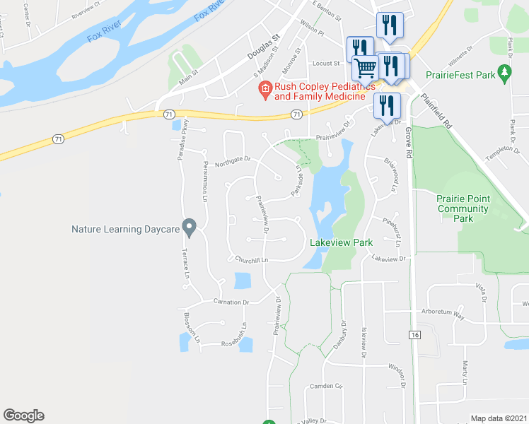 map of restaurants, bars, coffee shops, grocery stores, and more near 363 Prairieview Drive in Oswego
