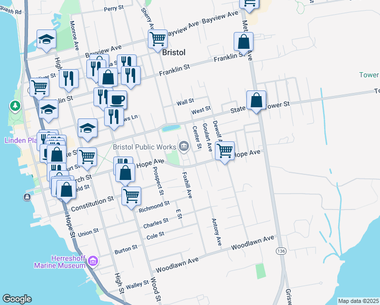 map of restaurants, bars, coffee shops, grocery stores, and more near 11 Reservoir Avenue in Bristol