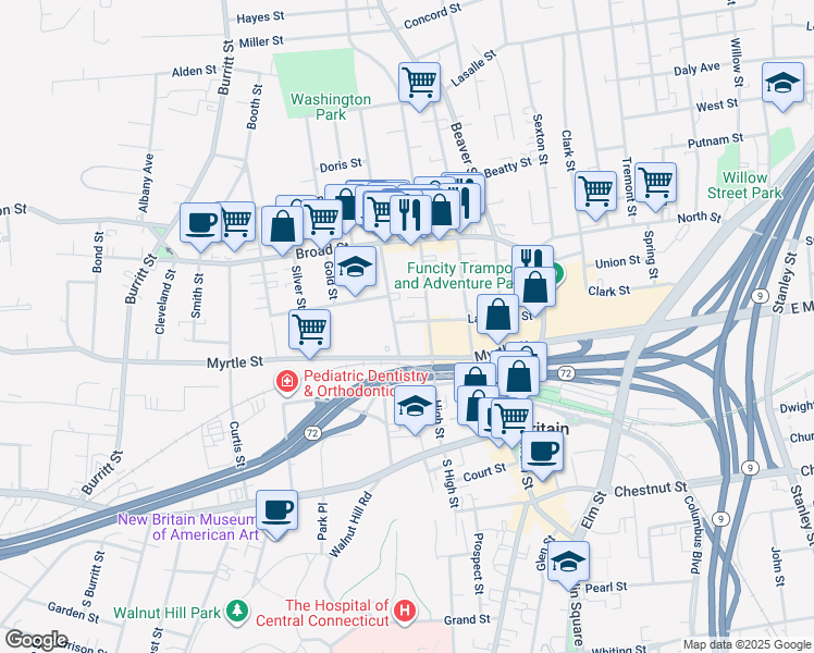 map of restaurants, bars, coffee shops, grocery stores, and more near 144 High Street in New Britain