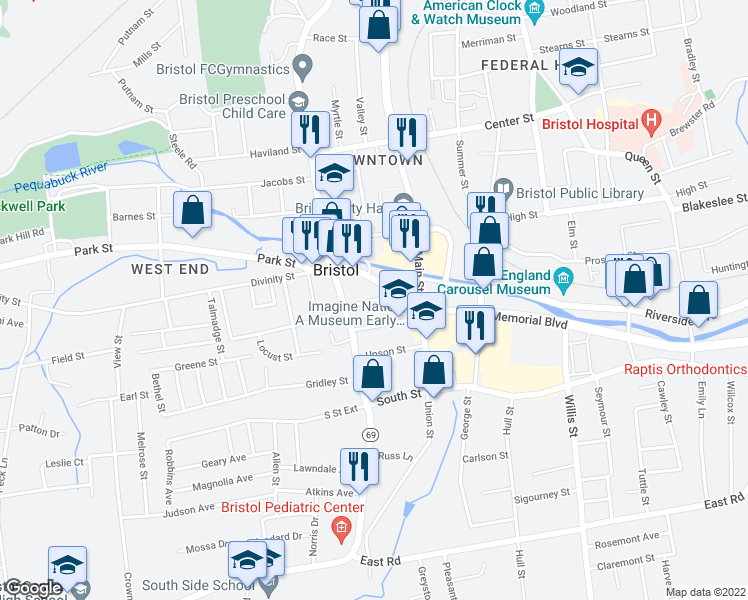 map of restaurants, bars, coffee shops, grocery stores, and more near 42 Orchard Street in Bristol
