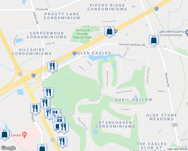 map of restaurants, bars, coffee shops, grocery stores, and more near 7398 Club Drive in Painesville