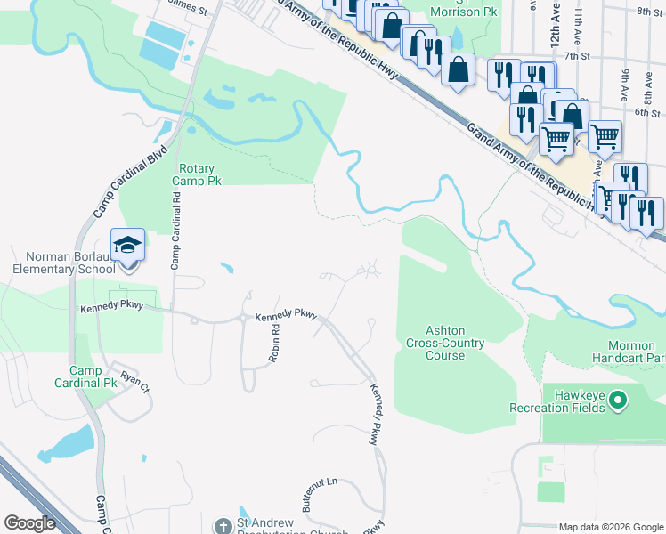 map of restaurants, bars, coffee shops, grocery stores, and more near 30 Alder Court in Iowa City