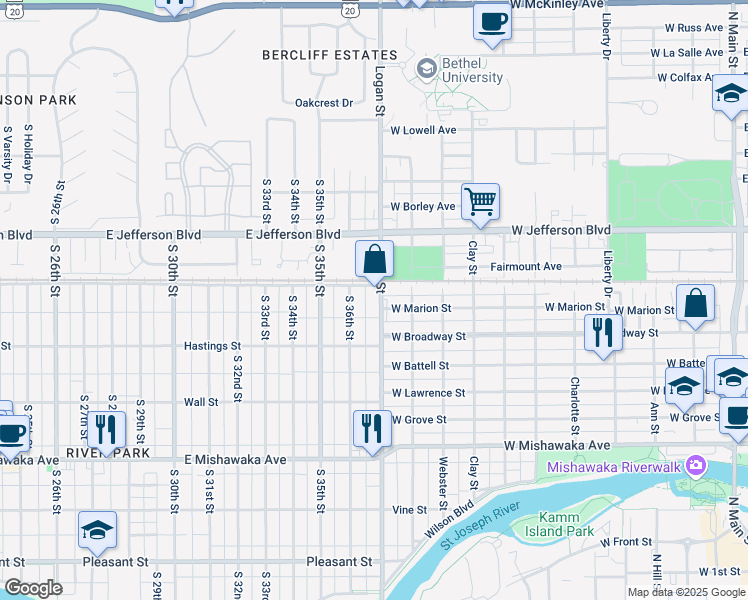 map of restaurants, bars, coffee shops, grocery stores, and more near 515 South Logan Street in South Bend
