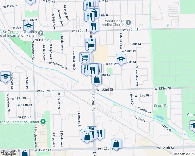 map of restaurants, bars, coffee shops, grocery stores, and more near 12116 South Harding Place in Alsip