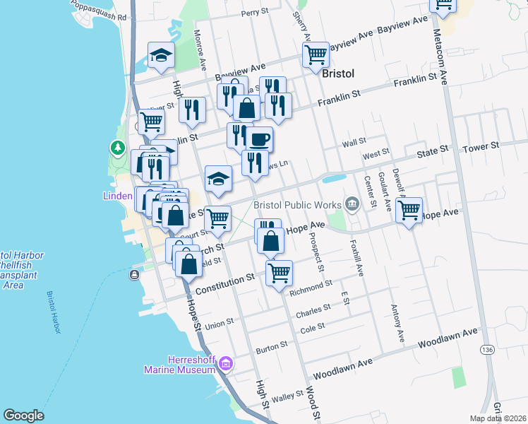 map of restaurants, bars, coffee shops, grocery stores, and more near 318 Wood Street in Bristol