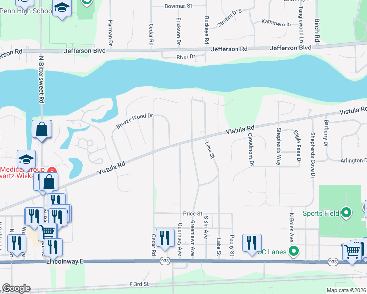 map of restaurants, bars, coffee shops, grocery stores, and more near in St. Joseph County