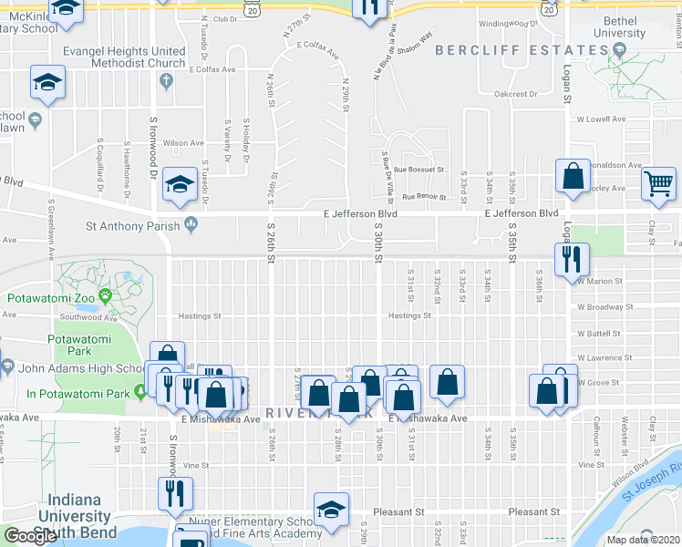 map of restaurants, bars, coffee shops, grocery stores, and more near 519 South 29th Street in South Bend