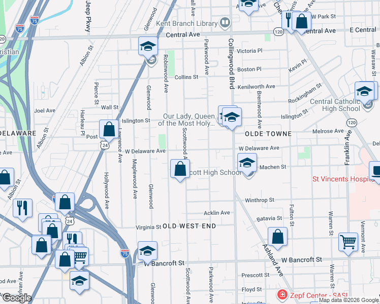 map of restaurants, bars, coffee shops, grocery stores, and more near 2514 Scottwood Avenue in Toledo