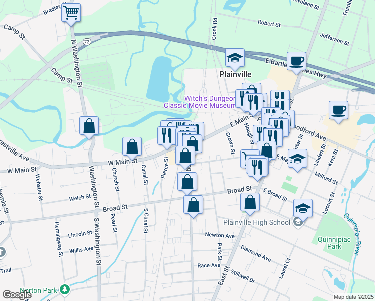 map of restaurants, bars, coffee shops, grocery stores, and more near 1 Central Square in Plainville