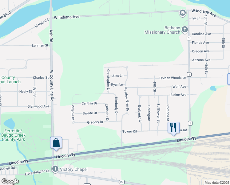 map of restaurants, bars, coffee shops, grocery stores, and more near 30510 Ryan Ln in Elkhart