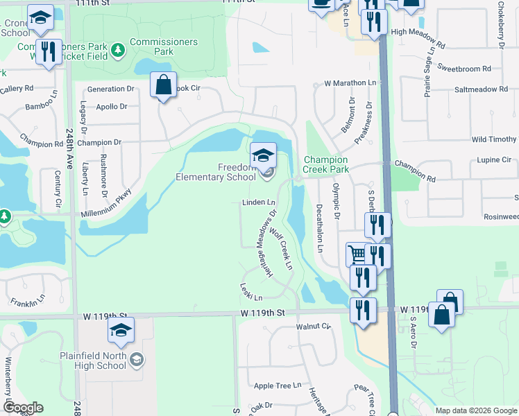 map of restaurants, bars, coffee shops, grocery stores, and more near 11600 Heritage Meadows Drive in Plainfield
