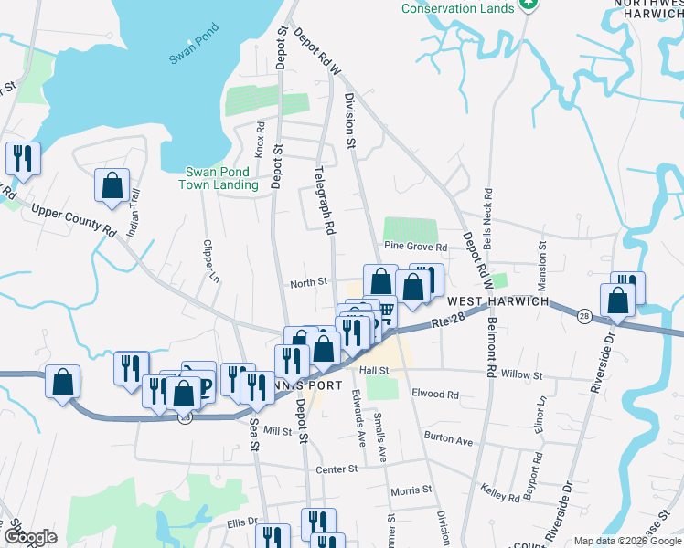 map of restaurants, bars, coffee shops, grocery stores, and more near 40 North Street in Dennis
