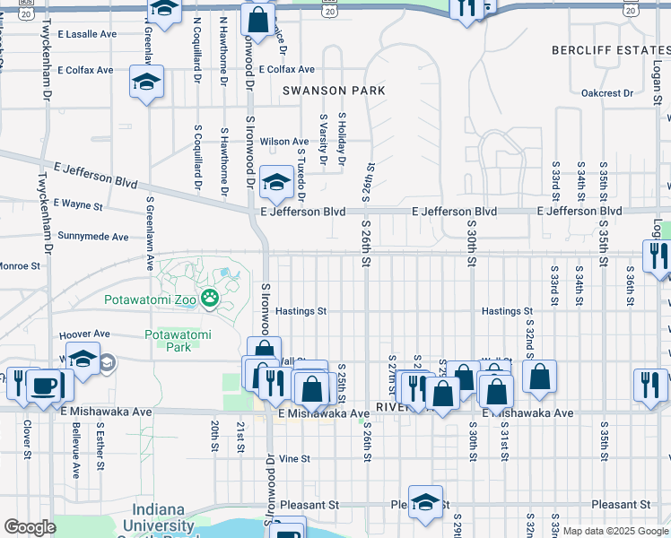 map of restaurants, bars, coffee shops, grocery stores, and more near 517 South 25th Street in South Bend
