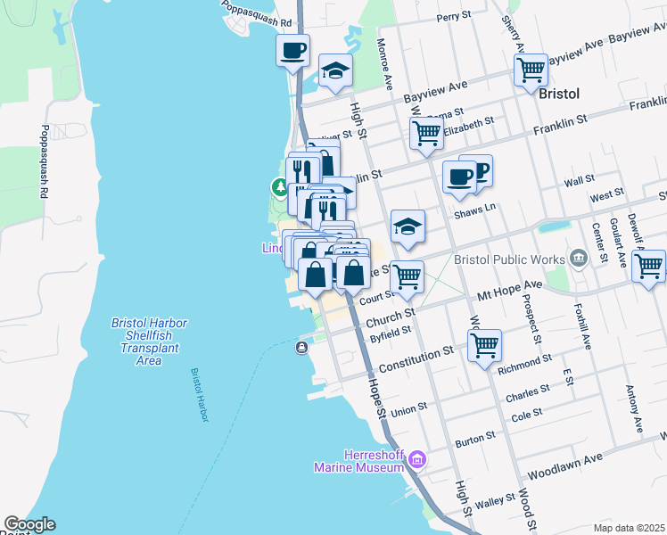 map of restaurants, bars, coffee shops, grocery stores, and more near 549 Hope Street in Bristol
