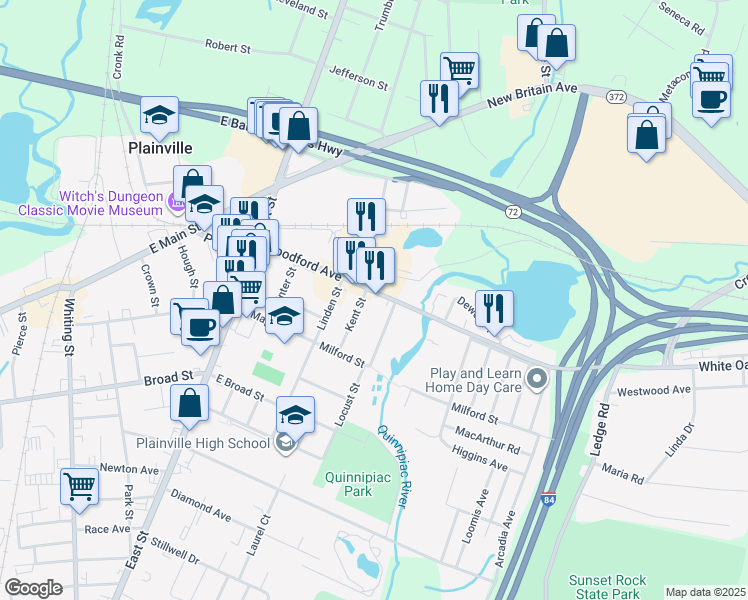 map of restaurants, bars, coffee shops, grocery stores, and more near State Highway 536 in Plainville