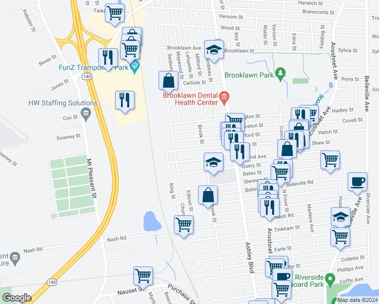 map of restaurants, bars, coffee shops, grocery stores, and more near 410 Shaw Street in New Bedford