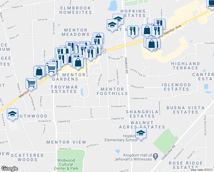 map of restaurants, bars, coffee shops, grocery stores, and more near 7349 Beechwood Drive in Mentor
