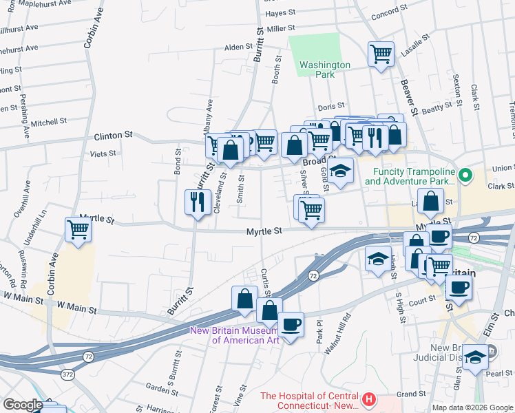 map of restaurants, bars, coffee shops, grocery stores, and more near 202 Curtis Street in New Britain