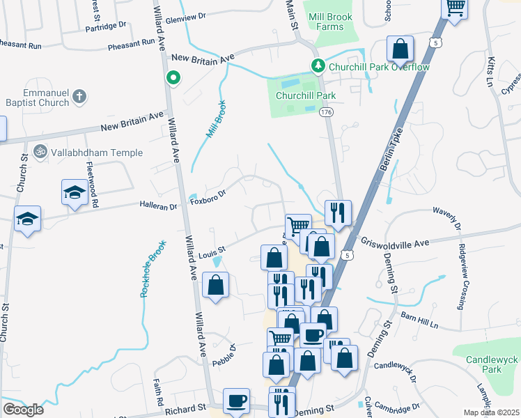 map of restaurants, bars, coffee shops, grocery stores, and more near 173 Foxboro Drive in Newington