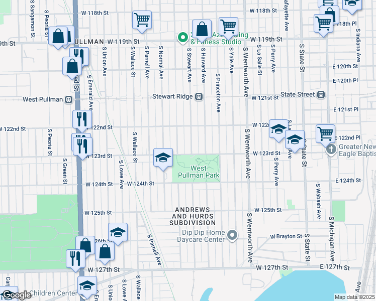 map of restaurants, bars, coffee shops, grocery stores, and more near 12252 South Stewart Avenue in Chicago