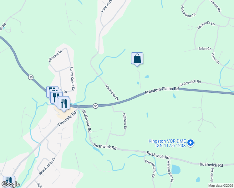map of restaurants, bars, coffee shops, grocery stores, and more near 1 Mandalay Drive in Poughkeepsie