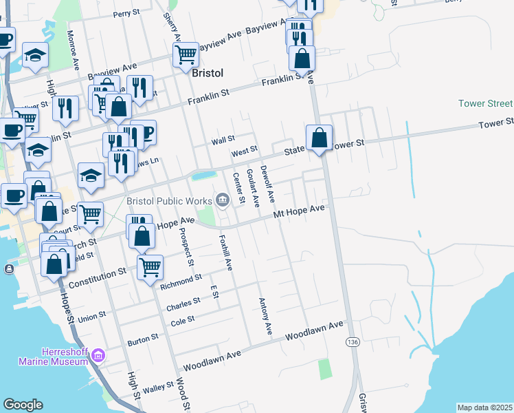 map of restaurants, bars, coffee shops, grocery stores, and more near 11 Goulart Avenue in Bristol