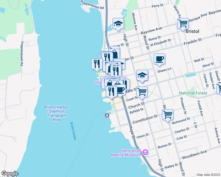 map of restaurants, bars, coffee shops, grocery stores, and more near 343 Thames Street in Bristol