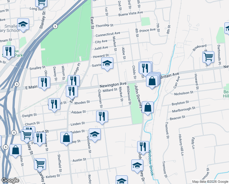 map of restaurants, bars, coffee shops, grocery stores, and more near 137 Newington Avenue in New Britain