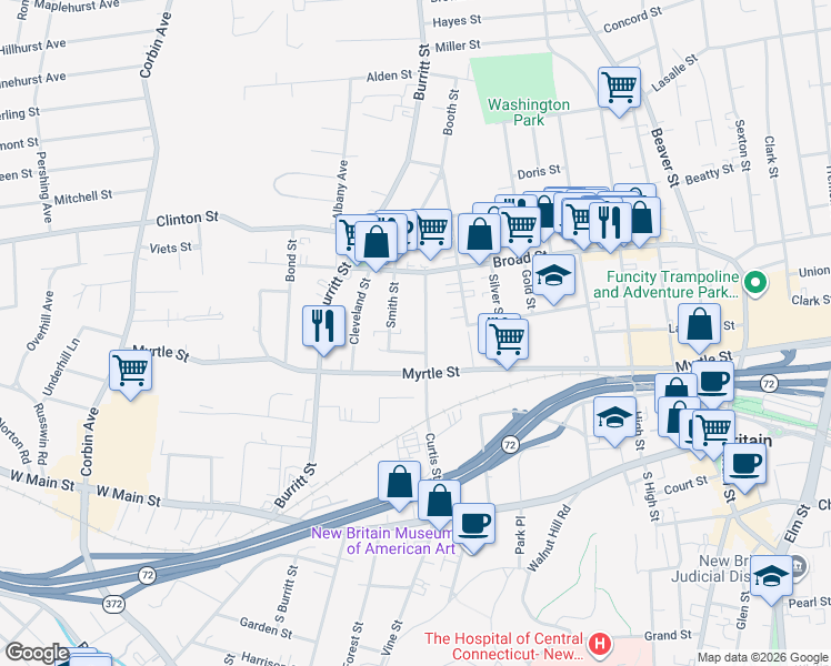 map of restaurants, bars, coffee shops, grocery stores, and more near 202 Curtis Street in New Britain