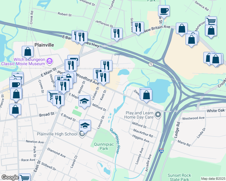 map of restaurants, bars, coffee shops, grocery stores, and more near 169-229 State Highway 536 in Plainville