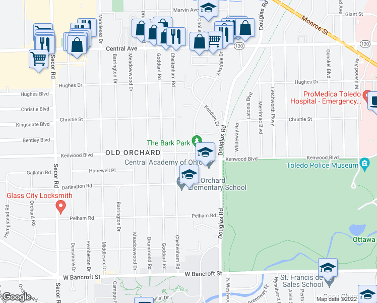 map of restaurants, bars, coffee shops, grocery stores, and more near 2814 Kenwood Boulevard in Toledo