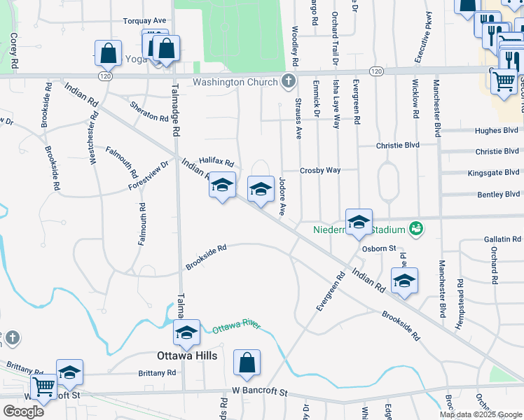 map of restaurants, bars, coffee shops, grocery stores, and more near 4020 Indian Road in Toledo