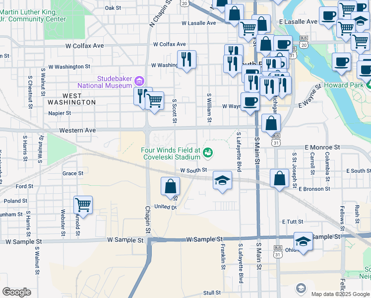 map of restaurants, bars, coffee shops, grocery stores, and more near 601-699 Monroe Cir in South Bend