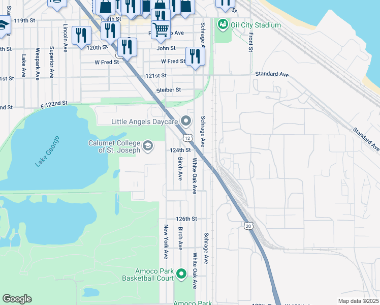 map of restaurants, bars, coffee shops, grocery stores, and more near 2342 Schrage Avenue in Whiting