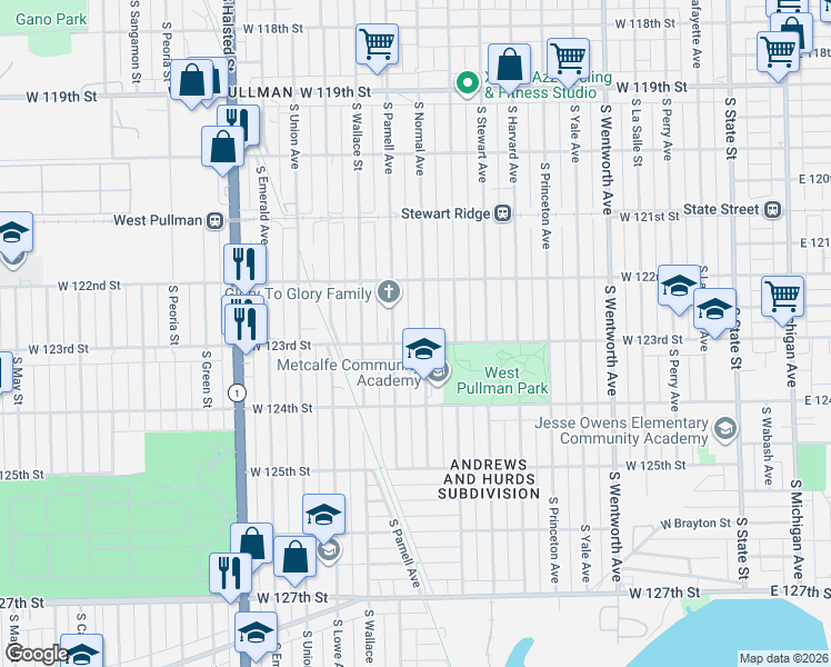 map of restaurants, bars, coffee shops, grocery stores, and more near 12235 South Normal Avenue in Chicago