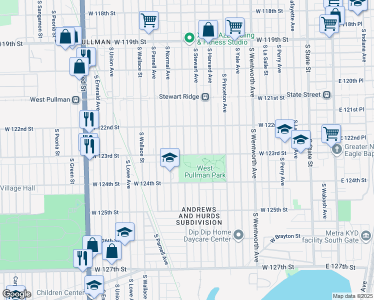 map of restaurants, bars, coffee shops, grocery stores, and more near 12253 South Eggleston Avenue in Chicago