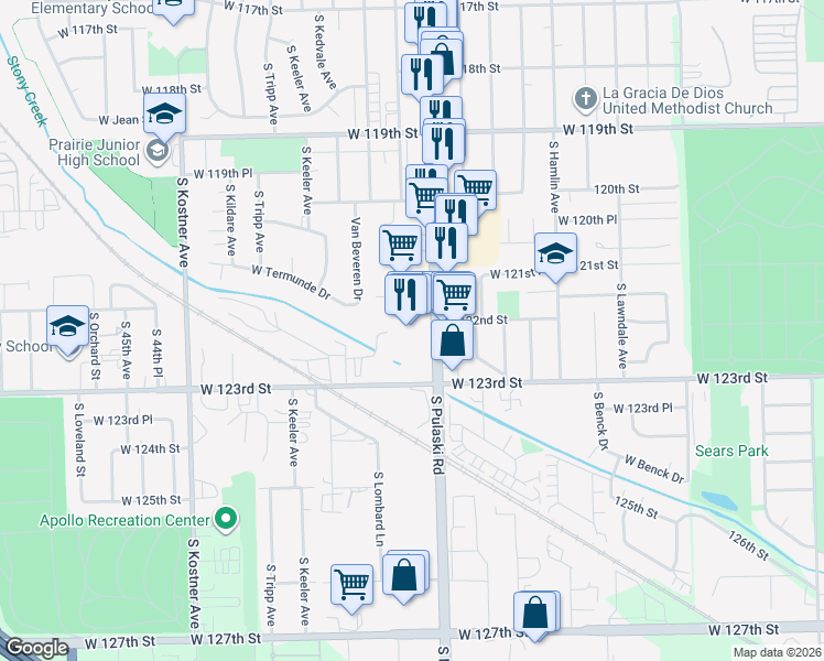 map of restaurants, bars, coffee shops, grocery stores, and more near 12174 South Pulaski Road in Alsip