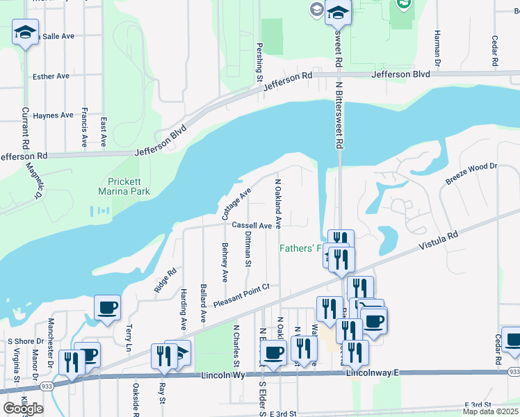 map of restaurants, bars, coffee shops, grocery stores, and more near 634-698 Dittman Avenue in Mishawaka