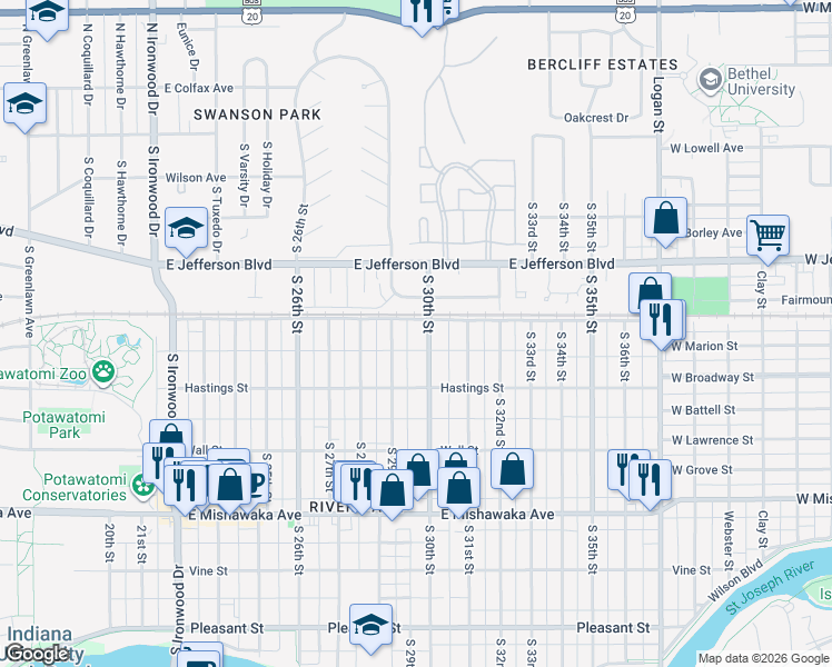 map of restaurants, bars, coffee shops, grocery stores, and more near 506 South 29th Street in South Bend
