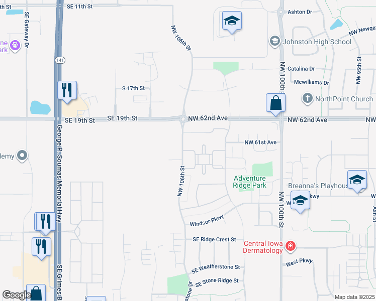 map of restaurants, bars, coffee shops, grocery stores, and more near 10535 Norfolk Court in Johnston
