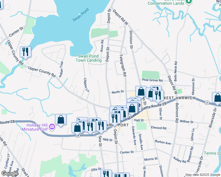 map of restaurants, bars, coffee shops, grocery stores, and more near 288 Depot Street in Dennis