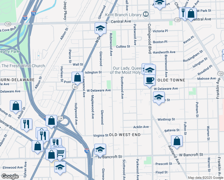 map of restaurants, bars, coffee shops, grocery stores, and more near W Delaware Ave & Robinwood Ave in Toledo