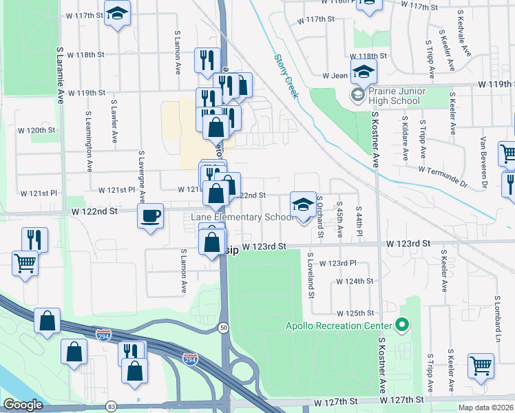 map of restaurants, bars, coffee shops, grocery stores, and more near 12159 South McDaniels Court in Alsip