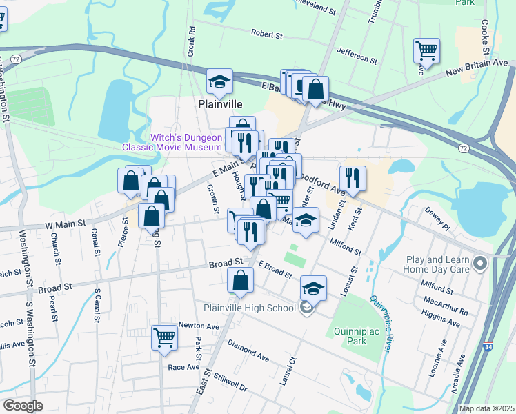map of restaurants, bars, coffee shops, grocery stores, and more near 7 Maple Street in Plainville