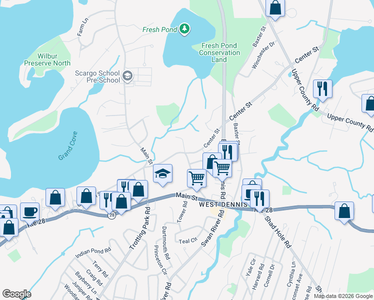 map of restaurants, bars, coffee shops, grocery stores, and more near 56 Center Street in Dennis