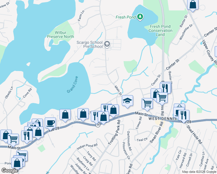map of restaurants, bars, coffee shops, grocery stores, and more near 6 Pinefield Lane in Dennis